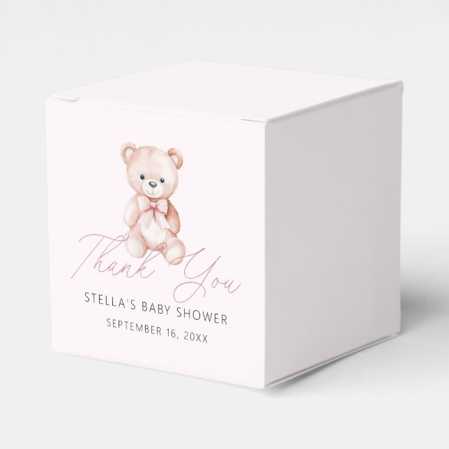 Girl Teddy Bear Thank You Baby Shower Pink Favour Box (Front Side)