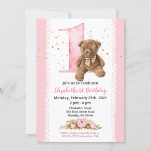 Girl Teddy Bear Watercolor Floral 1st Invitation