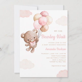 Girl Teddy Bear We Can Bearly Wait baby shower Invitation