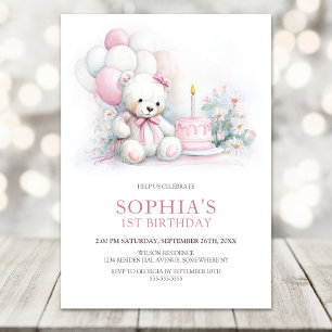 Girl Teddy Bear with Balloons 1st Birthday Invitation