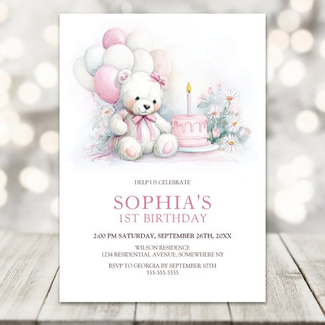 Girl Teddy Bear with Balloons 1st Birthday Invitation (Creator Uploaded)