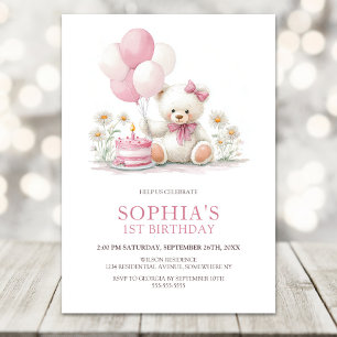 Girl Teddy Bear with Pink Balloons 1st Birthday Invitation