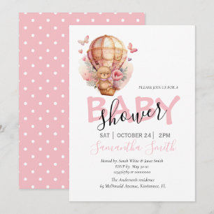 Girl Teddy Bearly Wait Hot Air Balloon Pink Announcement