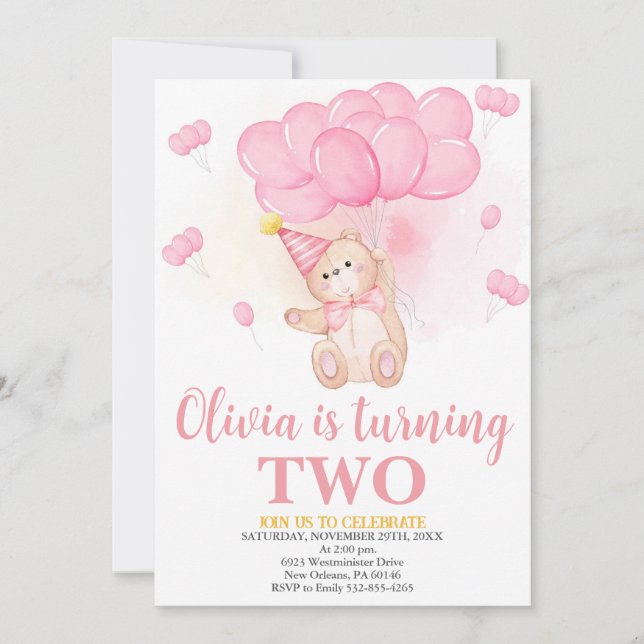 Girl Teddy Bears Birthday, Watercolour Balloons Invitation (Front)
