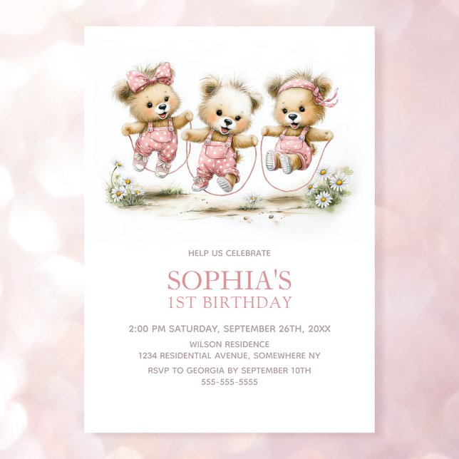 Girl Teddy Bears Jump Rope 1st Birthday Party Invitation (Creator Uploaded)