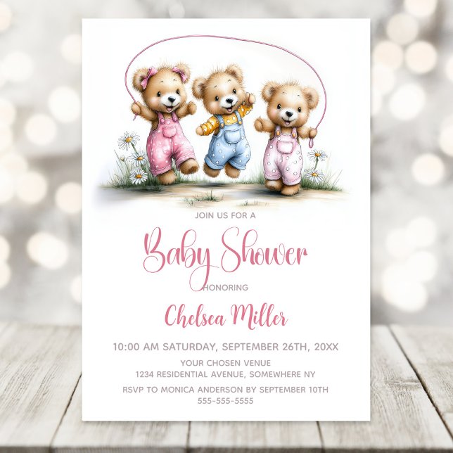 Girl Teddy Bears Playing Jump Rope Baby Shower Invitation (Creator Uploaded)