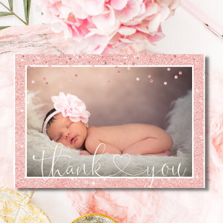 Girl THANK YOU Pink Glitter Baby Shower | PHOTO Announcement