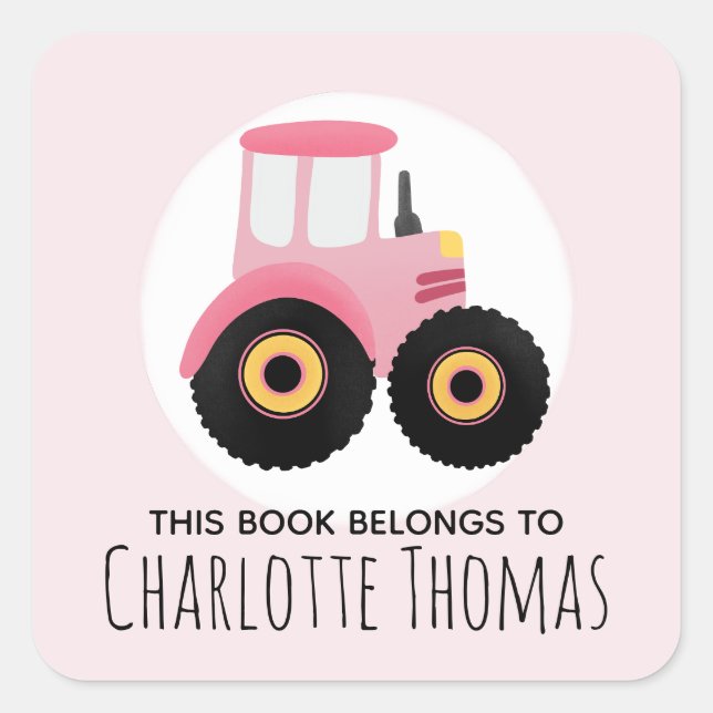 Girl This Book Belongs Pink Tractor Kids Bookplate Square Sticker (Front)