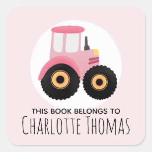 Girl This Book Belongs Pink Tractor Kids Bookplate Square Sticker
