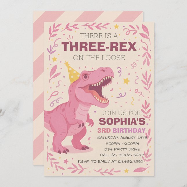 Girl Three-Rex Dinosaur Birthday Invitation (Front/Back)
