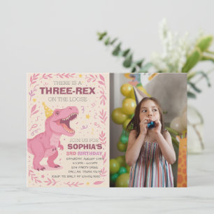 Girl Three-Rex Dinosaur Birthday Photo Invitation