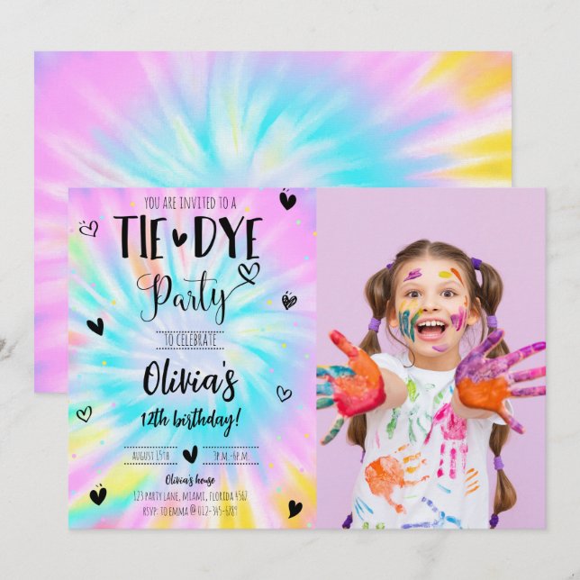 Girl Tie Dye Birthday Party Photo Invitation (Front/Back)