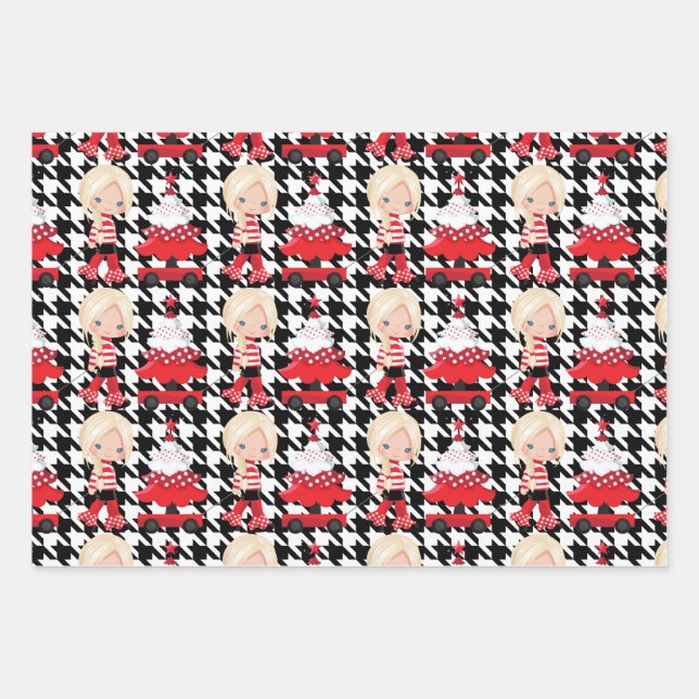 Girl Tree/Red Wagon Plaid Christmas Wrapping Paper (Front)