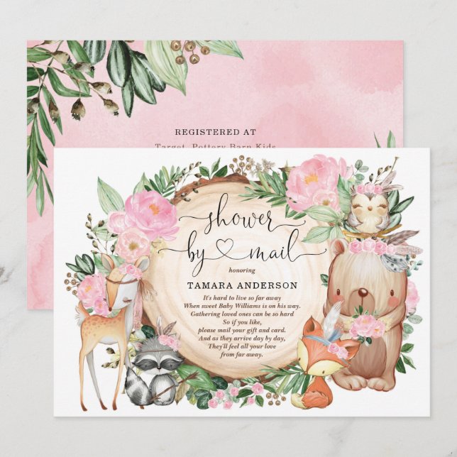Girl Tribal Woodland Animals Baby Shower By Mail Invitation (Front/Back)