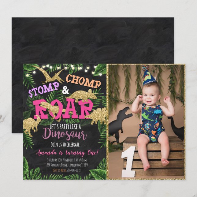 Girl Tropical Dinosaur Birthday Invitation (Front/Back)