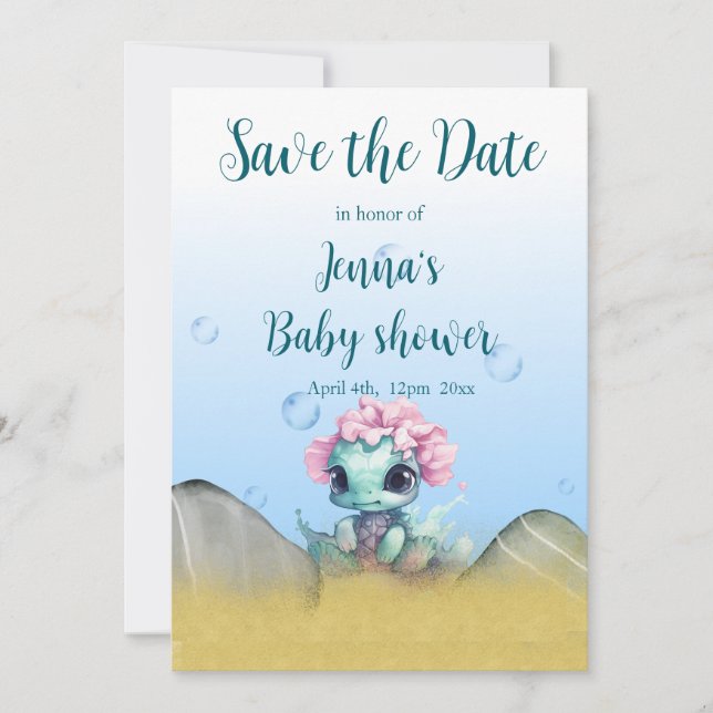 Girl Turtle QR Code Baby Shower Save The Date (Front)