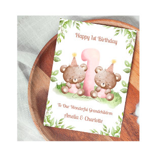 Girl Twins 1st Birthday Teddy Bears Card