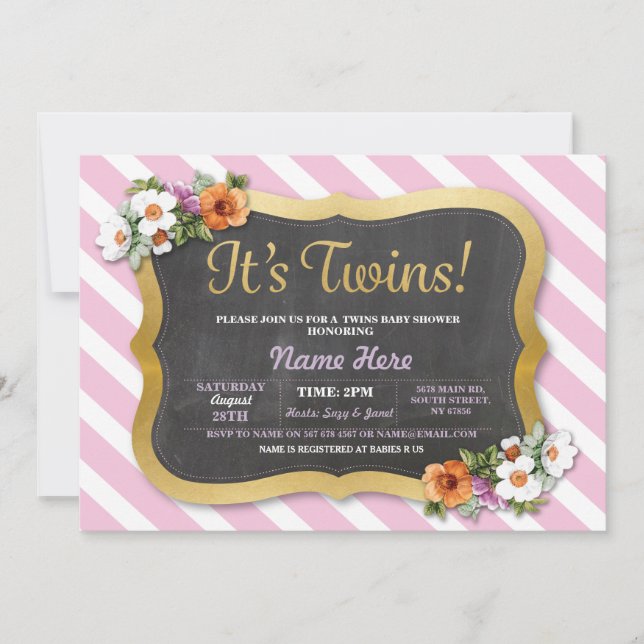 Girl Twins Baby Shower Floral Stripe Pink Invite (Front)