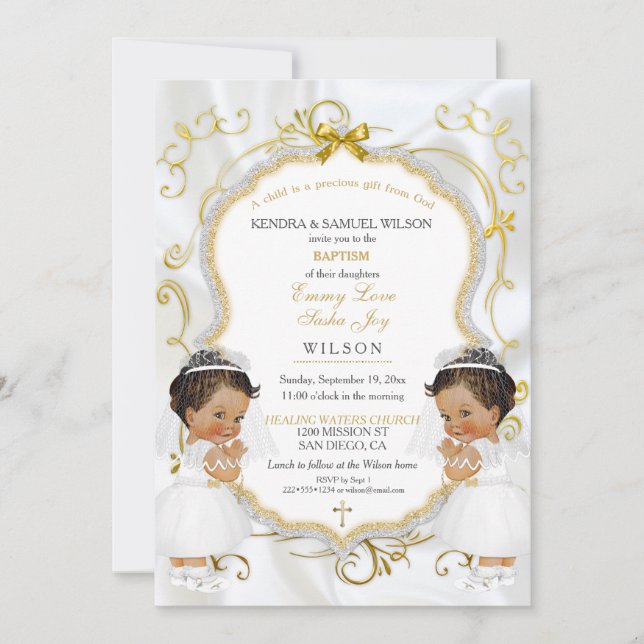 Girl Twins Baptism Christening Gold Ethnic Invitation (Front)