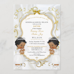 Girl Twins Baptism Christening Gold Ethnic Invitation
