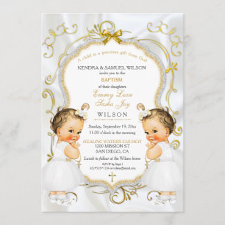 Girl Twins Baptism Christening Gold White Cross Invitation
