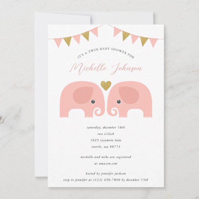Girl Twins Elephant Baby Shower Invitation (Front)