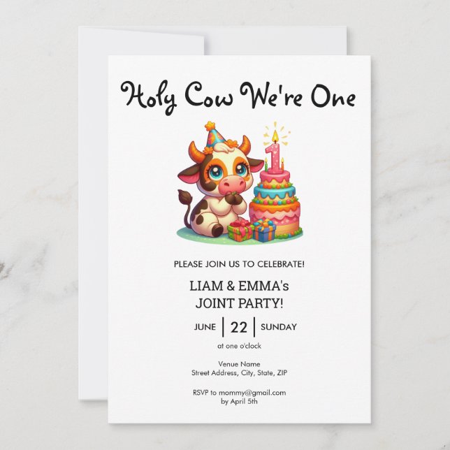 Girl Twins Holy Cow We're One 1st Birthday Joint Invitation (Front)