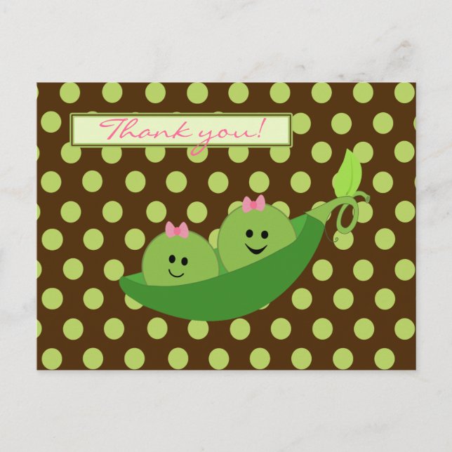 Girl Twins Peas in a Pod Baby Shower Thank You Postcard (Front)