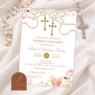 Girl Twins Pink Blossom Floral Rosary First Holy C Invitation