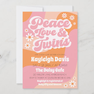 Girl Twins Retro Groovy 70s Baby Shower Invitation