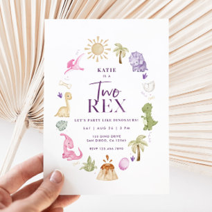 Girl Two Rex Dinosaur 2nd Birthday Invitation
