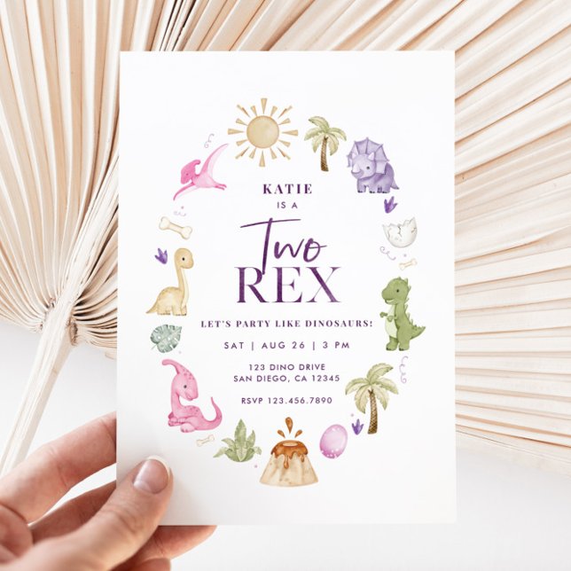 Girl Two Rex Dinosaur 2nd Birthday Invitation (Girl Dino 2nd Birthday Invitation)