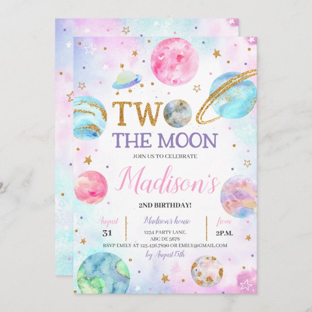 Girl Two The Moon Space Birthday  Invitation (Front/Back)