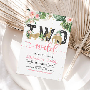 Girl Two Wild Safari Animals Birthday Invitation