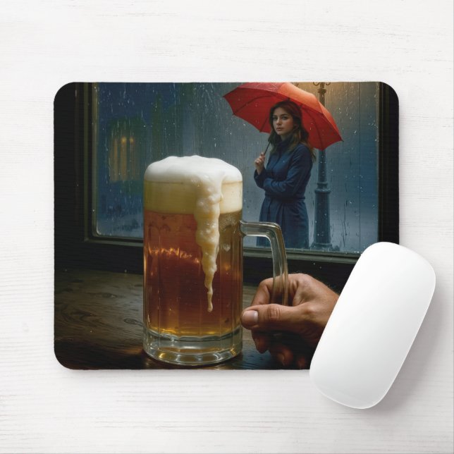 Girl Under a Red Umbrella Looking In a Tavern  Mouse Mat (With Mouse)