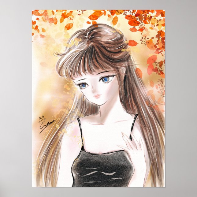 Girl Under Fall Leaves Illustration Poster (Front)