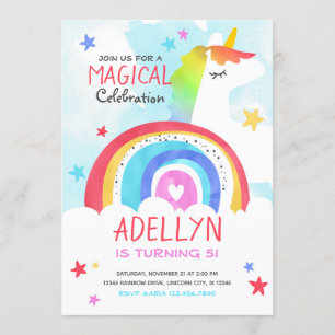 Girl Unicorn and Rainbow Birthday Invitation