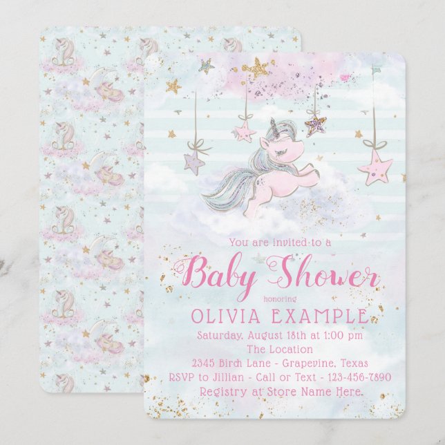 Girl Unicorn Baby Shower Invitations (Front/Back)