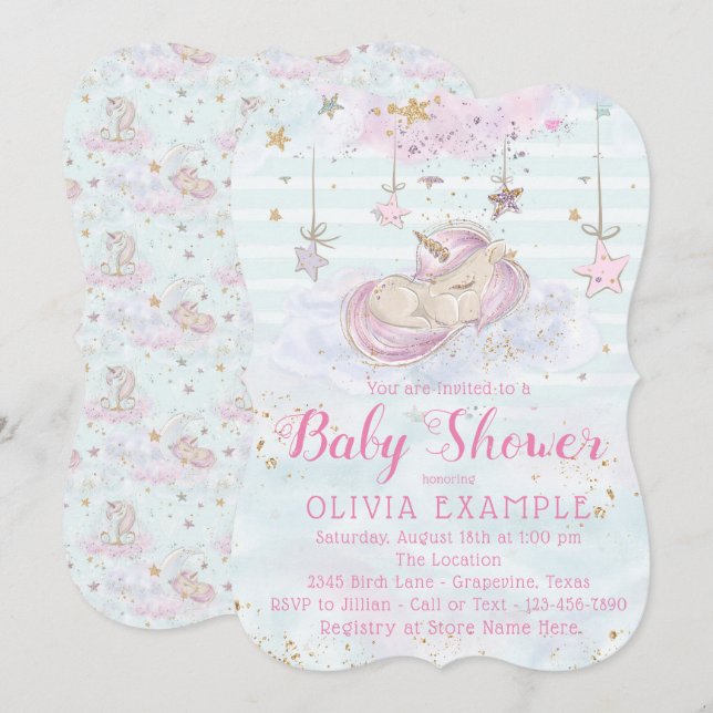 Girl Unicorn Baby Shower Invitations (Front/Back)