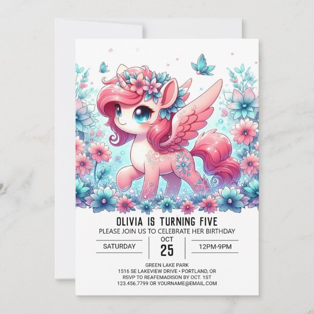 Girl Unicorn Digital Birthday Invitation (Front)