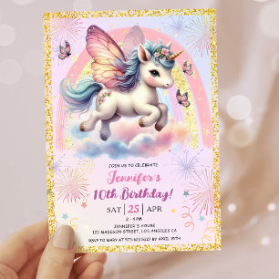 Girl Unicorn Gold Glitter Pink 10th Birthday Party Invitation