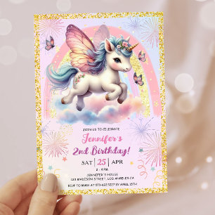 Girl Unicorn Gold Glitter Pink 2nd Birthday Party Invitation