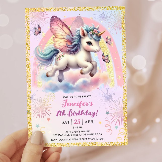 Girl Unicorn Gold Glitter Pink 7th Birthday Party Invitation (#UnicornBirthdayInvitation #UnicornBirthdayInvitationTemplate #UnicornBirthdayInvitationEditable 

)