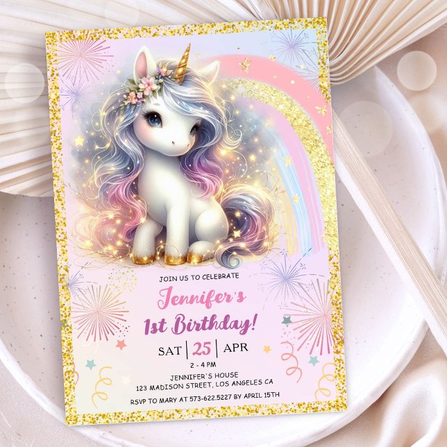 Girl Unicorn Pink Gold Glitter 1st Birthday Party Invitation (#UnicornBirthdayInvitation #UnicornBirthdayInvitationTemplate #UnicornBirthdayInvitationEditable 
)