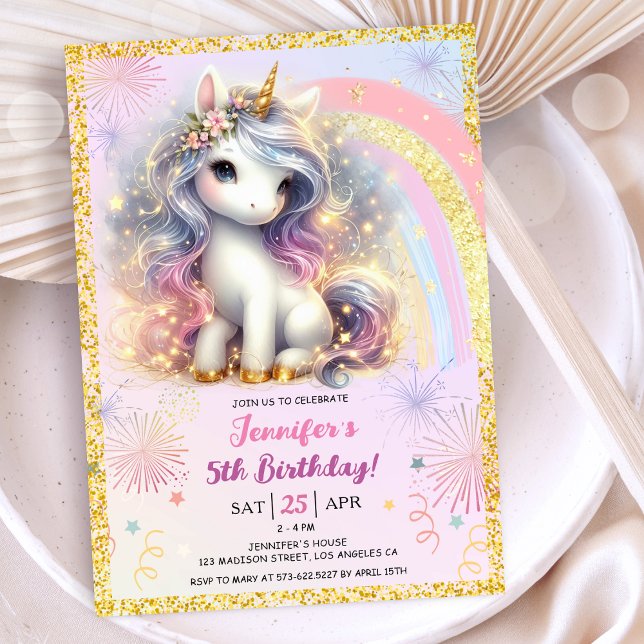 Girl Unicorn Pink Gold Glitter 5th Birthday Party Invitation (#UnicornBirthdayInvitation #UnicornBirthdayInvitationTemplate #UnicornBirthdayInvitationEditable)