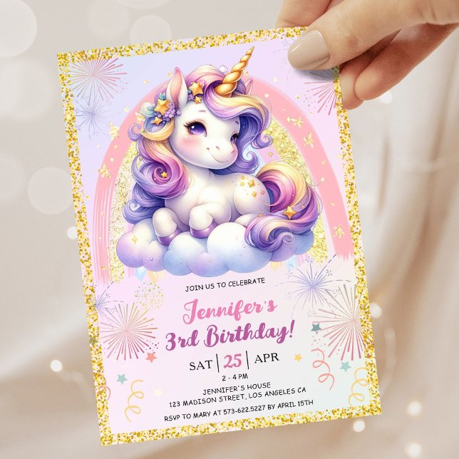 Girl Unicorn Purple Pink & Gold 3rd Birthday Party Invitation (#UnicornBirthdayInvitation #UnicornBirthdayInvitationTemplate #UnicornBirthdayInvitationEditable 
)
