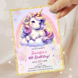 Girl Unicorn Purple Pink & Gold 4th Birthday Party Invitation