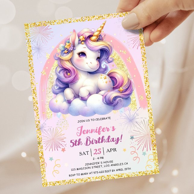 Girl Unicorn Purple Pink & Gold 5th Birthday Party Invitation (#UnicornBirthdayInvitation #UnicornBirthdayInvitationTemplate #UnicornBirthdayInvitationEditable )