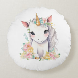 Girl unicorn white and rose watercolour round cushion