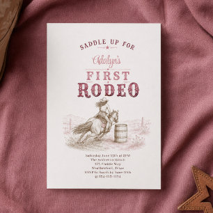 Girl Vintage Pink First Rodeo 1st Birthday Invitation